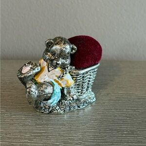 Vintage Pewter Figural Teddy Bear Sewing Pin Cushion w/ Red Velvet cushion